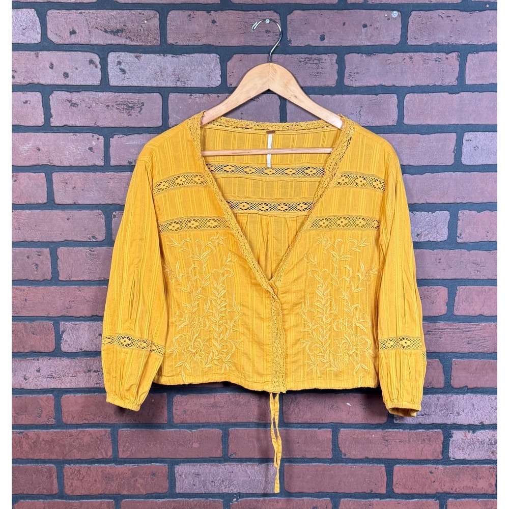 Free People Follow Your Heart Boho Button Blouse Gold Embroidered Crop Womens S